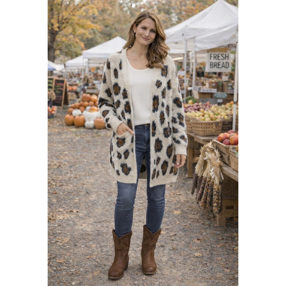 Fuzzy Chunky Boho Brown Ivory Leopard‎ Pockets Umgee Long Cardigan XL Sweater